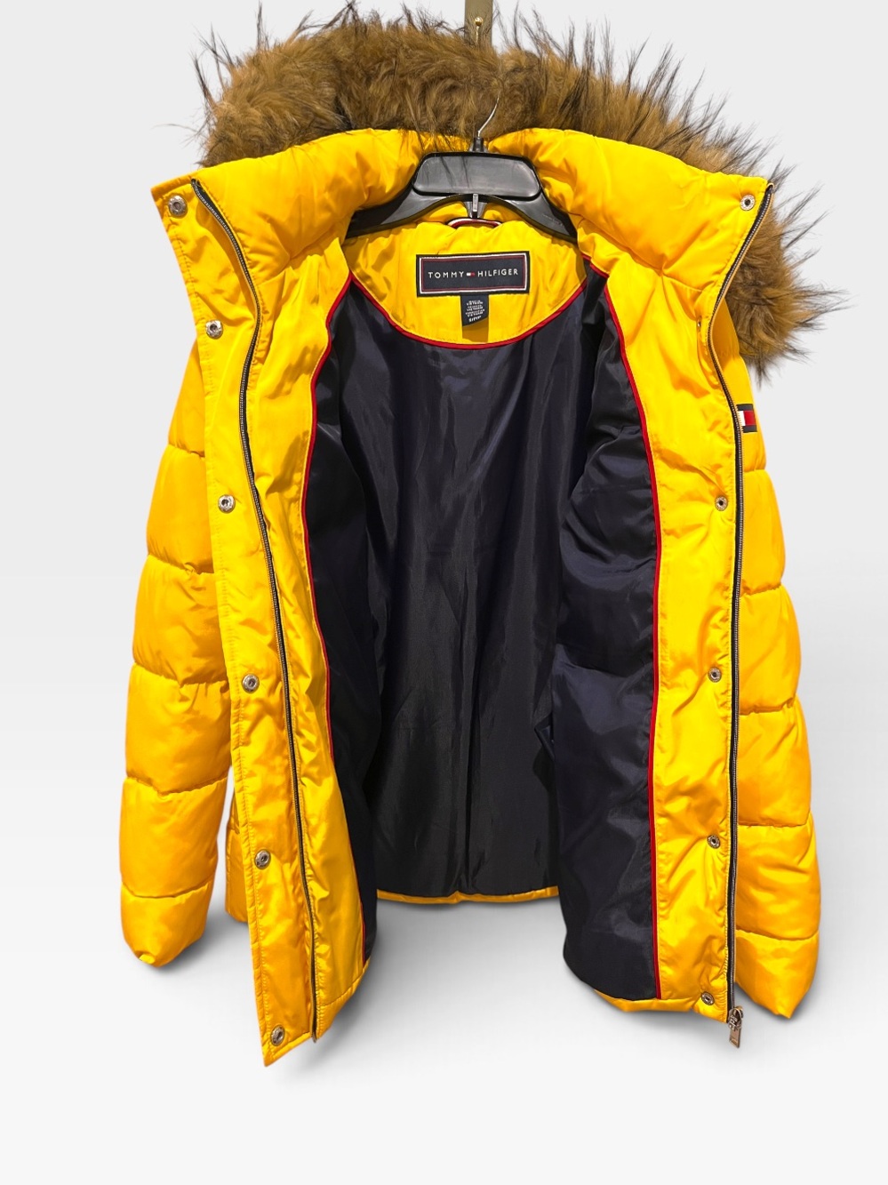 Tommy Hilfiger Yellow Midi Puffer Winter Jacket Faux Fur Hood - Picture 7 of 9